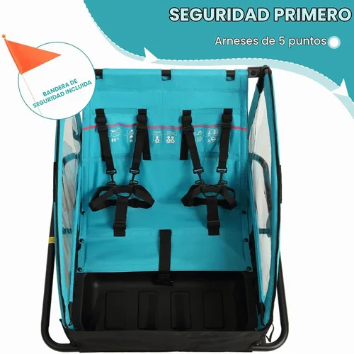 Vista 5 de Remolque de bicicleta para niños, adecuado para 1 a 2 niños, doble asiento, acoplador universal, plegable, toldo con pantalla contra insectos
