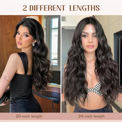 Vista 4 de Extensiones de cabello con clip para mujer, mezcla negra oscura con reflejos marrón claro, 20 pulgadas, 6 piezas, extensiones de cabello largo