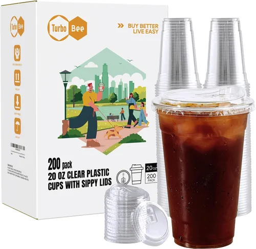 Vista 11 de Turbo Bee 12 OZ 200 Juegos Vasos de Plástico Transparente Cristalino con Tapas para Sorber sin Pajilla, Vasos de Plástico Desechables Transparentes