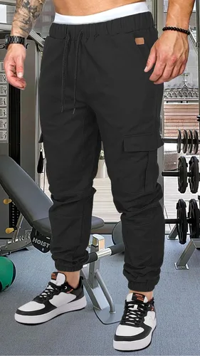 Vista 3 de OUTSON Pantalones deportivos de algodón para hombre, pantalones deportivos casuales de algodón, pantalones deportivos de gimnasio, pantalones largos