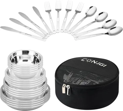Vista 3 de Kit de 28 piezas de vajilla para acampar, regalos de camping, juegos de utensilios de cocina, accesorios de camping, utensilios de cocina para Negro