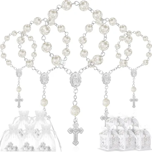 Vista 10 de Juego de 50 paquetes de recuerdos de bautismo, cuentas de rosario de bautismo acrílicas, perlas falsas con bolsas de organza, recuerdo de boda