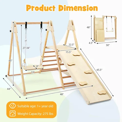 Vista 3 de HONEY JOY Gimnasio de la selva interior para niños, gran juego de escalador 5 en 1 con columpio para bebé, rampa deslizante, escalera y pared