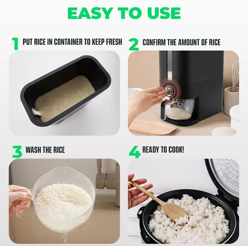 Vista 7 de Dispensador de arroz 25 libras Contenedor de almacenamiento de arroz 25 libras con esponja, cuchara y taza medidora Contenedor de arroz