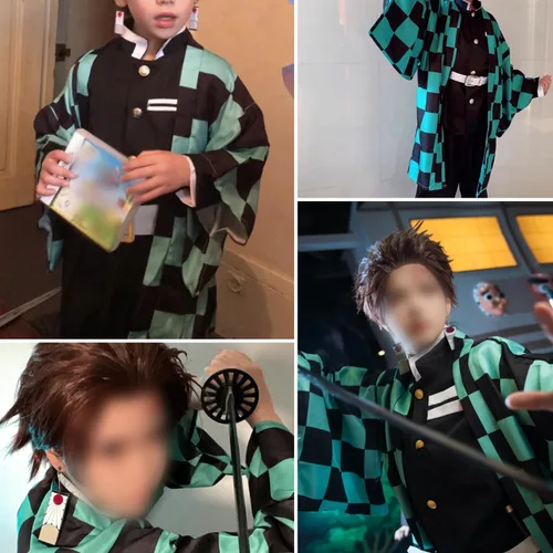 Vista 3 de Ahsapauk Disfraz de anime para niños, conjunto de traje de Halloween, uniforme de juego de rol Tanjiro Muichiro para niños y niñas Cosplay