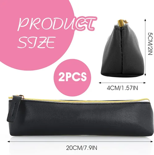 Vista 3 de cobee Estuche de cuero para lápices, 2 piezas, bonita bolsa para lápices, bolsa pequeña para bolígrafos, bolsa de papelería estética con cremallera