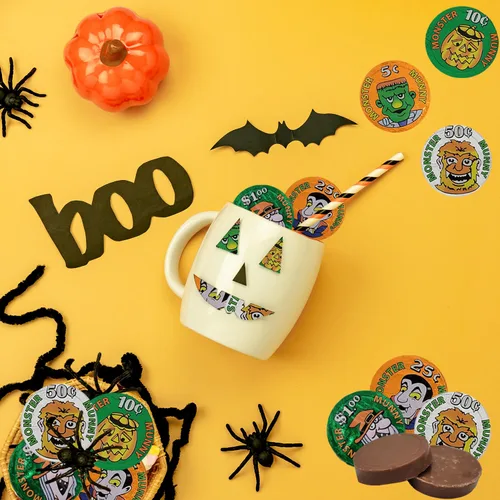 Vista 5 de Fruidles Monedas de dinero de monstruo de Halloween, rellenos de bolsas de fiesta de dulce o truco, envueltas individualmente en papel de aluminio