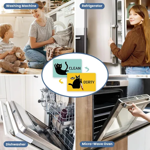Vista 7 de Imán divertido de dibujos animados con diseño de gato limpio y sucio para lavavajillas, imán para lavadora, gato negro, nevera, limpio, sucio, doble