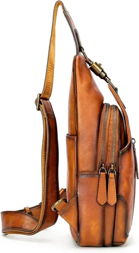 Vista 6 de Bolso bandolera de cuero hecho a mano de cuero genuino, bolso de hombro, bolso de viaje, riñonera para mujeres y hombres, color marrón