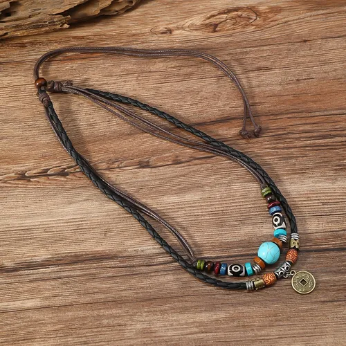 Vista 3 de HETICA Gargantilla de cuentas de madera boho en capas occidentales, collar trenzado de flores en forma de corazón, cordón de cáñamo ajustable