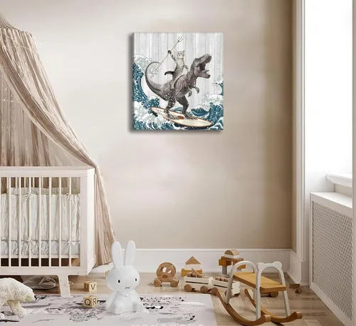 Vista 6 de WWN Divertido arte de pared de dinosaurio para montar en gato, divertido arte de pared de T-Rex Surfing, pintura para decoración de pared, póster