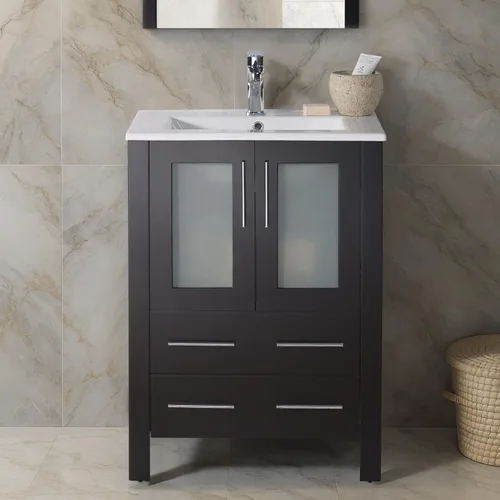 Vista 13 de Blossom Tocador de baño de madera maciza espresso de 16 pulgadas con fregadero, pequeño gabinete independiente con fregadero de cerámica y puerta