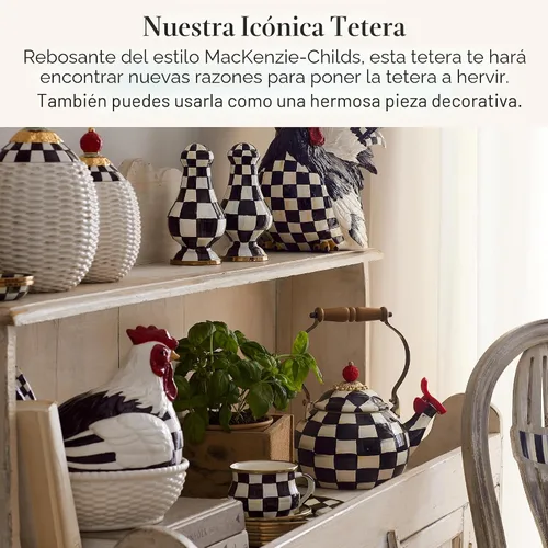 Vista 2 de MACKENZIE-CHILDS - Tetera silbante, color blanco y negro color fantasía (Courtly Check)