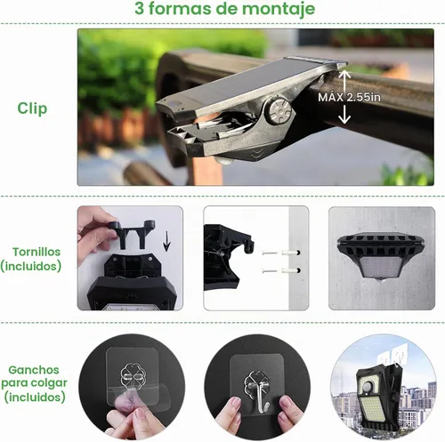 Vista 3 de Tryme 45LEDs Luces solares para exteriores con sensor de movimiento, luces de clip con sensor de movimiento, 3 modos, 3 formas de montaje, luz