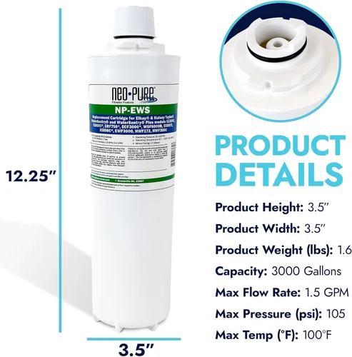 Vista 3 de Neo-Pure NP-EWS Elkay - Filtro de repuesto compatible para Elkay 51299C, 51300C y WSF6000R y Halsey Taylor 55898C, individual
