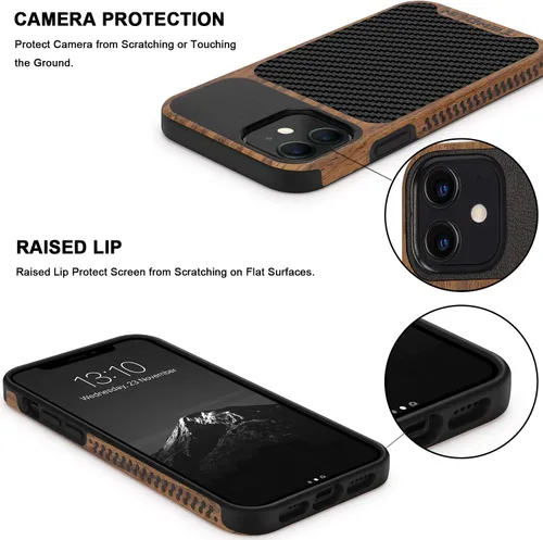Vista 4 de TENDLIN Compatible con iPhone 12 Mini Funda de Grano de Madera con Textura de Fibra de Carbono Diseño de Cuero Híbrido Funda Negra