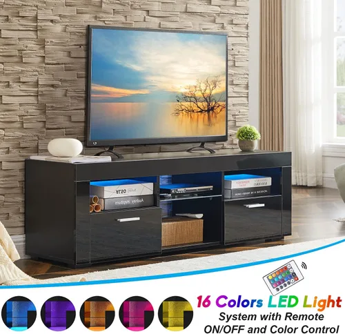 Vista 6 de Moderno soporte de TV negro para televisores de 45, 50, 55 pulgadas, soporte de TV de alto brillo con 16 luces LED, armario de almacenamiento de TV