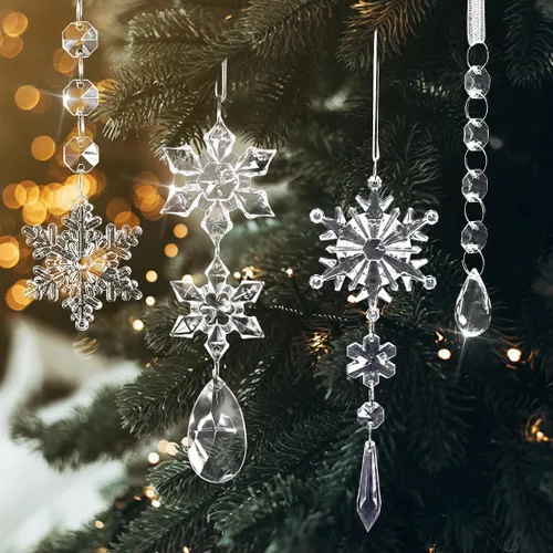 Vista 7 de 18 piezas de adornos de copo de nieve de cristal y carámbano para árbol de Navidad, adornos acrílicos colgantes de copo de nieve y carámbano