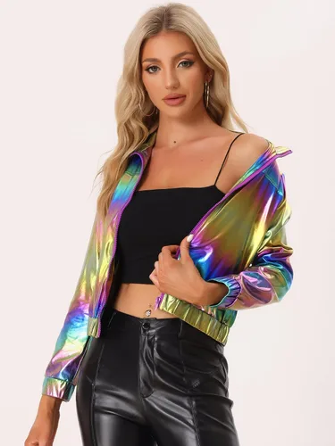 Vista 2 de Allegra K Chaqueta metálica holográfica brillante para mujer, manga larga, ligera, con cremallera
