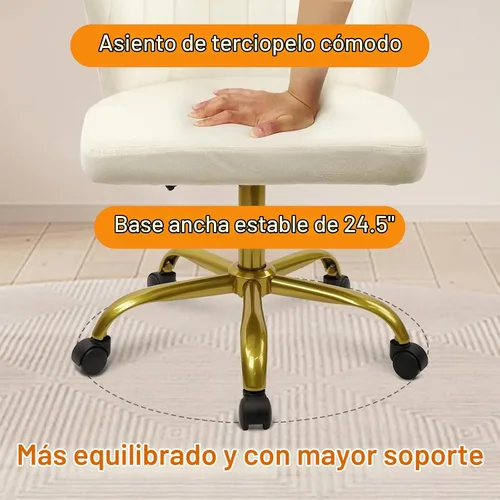 Vista 4 de CLATINA Silla de escritorio de terciopelo para el hogar con ruedas de base dorada, altura ajustable, tapizada, cómoda, ergonómica, sin brazos