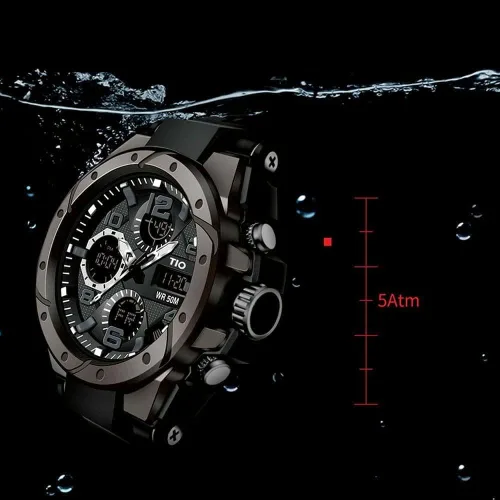 Vista 6 de Reloj para hombre TIO, militar, cronógrafo, digital, deportivo, resistente a los golpes y al agua, 5 ATM, negro, Negro, Deporte, casual, a la moda