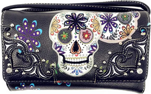 Vista 5 de Texas West Bolso de mano Flora Candy Skull para mujer y cartera a juego en 3