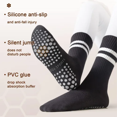 Vista 2 de Heerlijk Tavi - Calcetines largos de pilates con empuñaduras para mujer, calcetines antideslizantes con rayas para yoga, barre, deportes, hospital