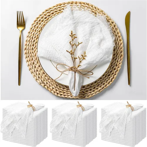 Vista 25 de Paquete de 12 servilletas de lino y algodón beige de 16 x 16 pulgadas, hechas a mano con flecos, servilletas de tela suave, lavables y rústicas