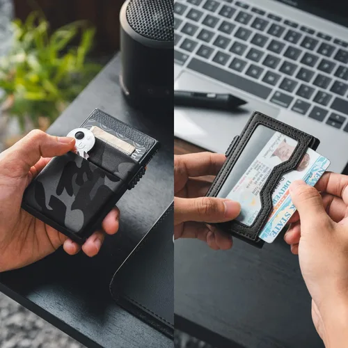 Vista 44 de VULKIT Billetera minimalista con ventana de identificación y bolsillo EDC con bolsillo desplegable para tarjetas de crédito y bloqueo RFID, diseño