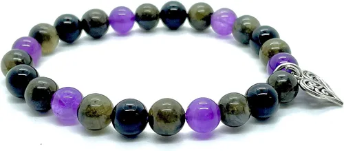 Vista 2 de DCE - Pulseras de triple piedra de protección óptima. Pulsera elástica de cristal curativo con cuentas de turmalina negra con dije de corazón por