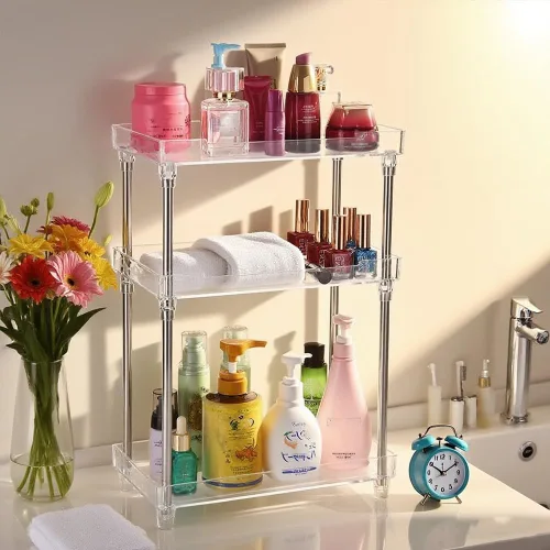 Vista 6 de Organizador de aerosol corporal, acrílico de 2 niveles para esquina de baño