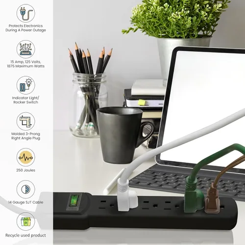 Vista 6 de GoGreen Power (GG-16103M-12BK) Protector de sobretensiones de 6 tomas, 250 julios, negro, cable de 12 pies