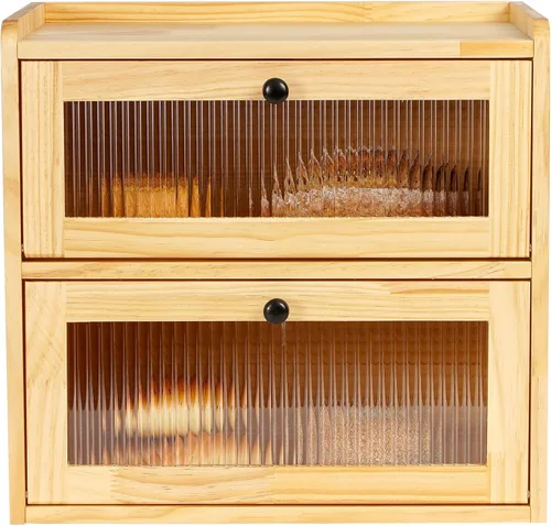 Vista 8 de Sunhoo Panera para encimera de cocina, contenedor de almacenamiento de pan de madera, contenedor de almacenamiento de pan de 2 capas, soporte