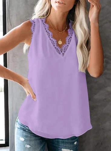 Vista 167 de VIISHOW - Camiseta sin mangas, sexy, con cuello en V y bordes de encaje para mujer, camisola de vestir, camisas de gasa, sin mangas, casuales