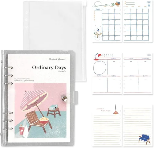 Vista 24 de Monolike A5 FALL IN NEWTRO Ver.2 Diary Set, Be full of happiness - Academic Planner Weekly & Monthly Planner with PVC Cover, Zipper bag, Sticker