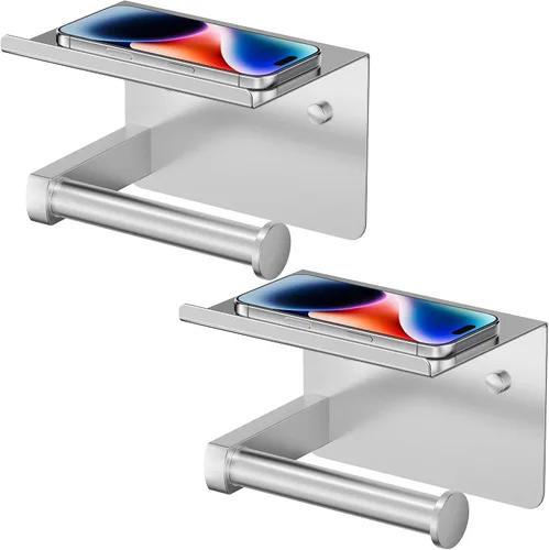 Vista 17 de Portarrollos de papel higiénico con estante, montaje en pared adhesivo o con tornillos, portarrollos de papel higiénico para baño, dispensador