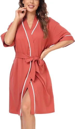 Vista 36 de COLORFULLEAF Bata de baño de manga corta para mujer, 100% algodón, longitud hasta la rodilla, con bolsillos