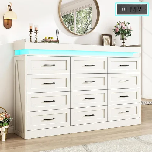 Vista 9 de Cómoda grande de 180 cm de ancho por 117 cm de alto con 12 cajones estilo granja para dormitorio con luz LED y tomas de corriente, cómoda de madera