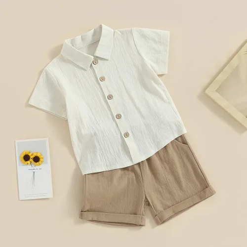 Vista 4 de Conjunto de 2 piezas de ropa de algodón y lino de manga corta con botones y pantalones cortos de cintura elástica para bebé niño