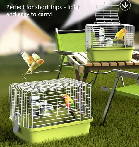 Vista 2 de Jaula portátil de viaje para pájaros – Transportador de alambre de visión completa de 360° con alimentador y taza de agua para cacatúas, periquitos
