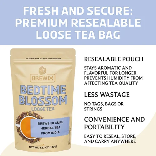 Vista 8 de BREWIX, Bedtime Blossom - Té suelto de hierbas (más de 50 tazas) sin cafeína y totalmente natural Mezcla relajante floral nocturna Rooibos