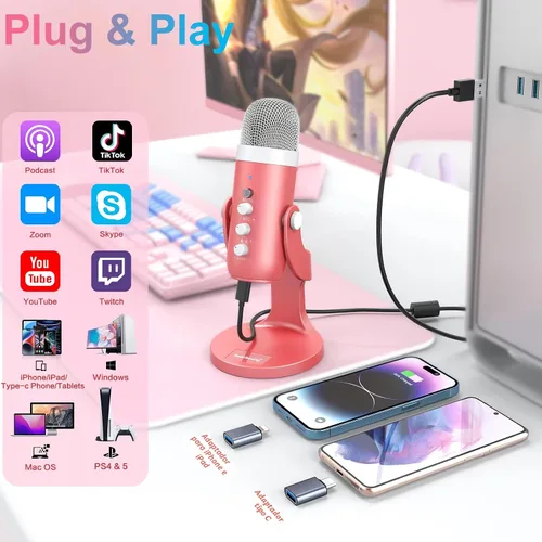 Vista 2 de ZealSound Micrófono de podcast para iPhone, PC y Mac, micrófono USB con cancelación de ruido con control de volumen, silencio y eco, monitoreo