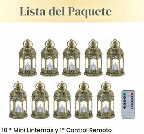 Vista 8 de Hewory 10 mini linternas doradas para decoración de fiestas, velas LED