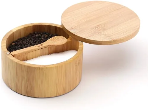 Vista 2 de KITCHENDAO Caja de cuenco de sal y pimienta de bambú, doble capacidad de 7 onzas y sótano de sal de bambú, 6 onzas