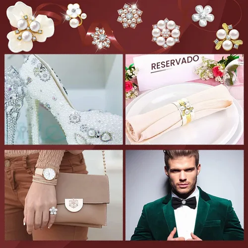 Vista 5 de 22 piezas de botones de diamantes de imitación de perlas de imitación de diamantes de imitación, broche de perlas de aleación, dijes florales