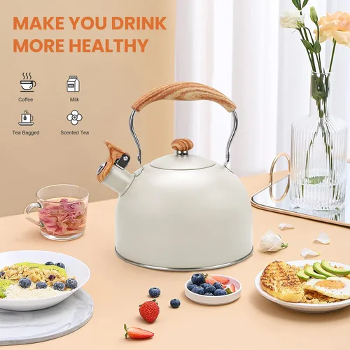 Vista 4 de Hervidor de Té Foedo para Estufa, Teteras Silbantes de 2.6 Cuartos para Estufa, Mango Plegable Resistente al Calor, Tetera Bonita (Beige)