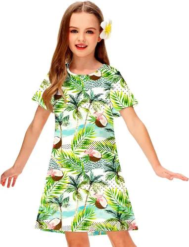 Vista 6 de Deerose Kids Summer Short Sleeve Dresses Hawaiian Tshirt Sundress 3-14 Years Coconut trees