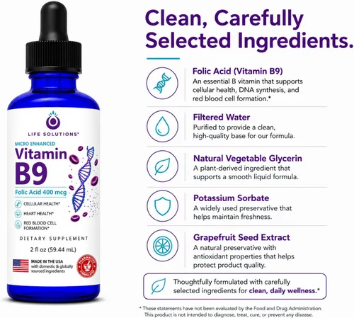 Vista 4 de Life Solutions - Gotas líquidas de vitamina B9, ácido fólico 400 mcg, 2 onzas líquidas 400 mcg de ácido fólico por porción en convenientes gotas