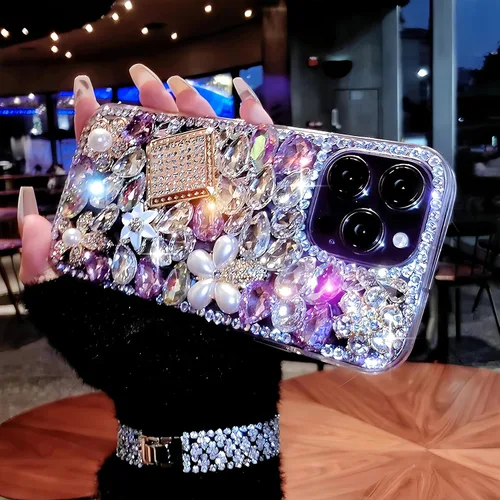 Vista 3 de Compatible con iPhone 6/6S/7/8 Bling Glitter Case Luxury Cute Sparkle Rhinestone Diamond Femenino Funda protectora para mujeres y niñas, color morado