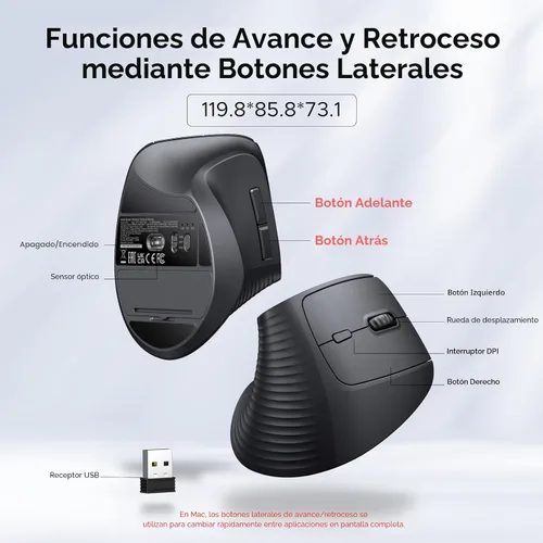 Vista 7 de UGREEN Ratón vertical, mouse ergonómico inalámbrico Bluetooth, modo dual (BT 5.4 y USB 2.4G), clics silenciosos, 4 DPI ajustables